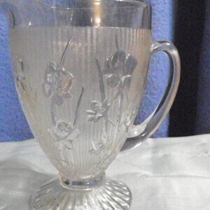 Vintage Clear Depression Glass Jeanette Iris & Herringbone Large Footed Pitcher